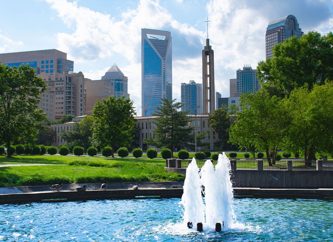 Charlotte, NC - Charlotte City View From Water Fountain at Marshall Park in Charlotte, NC